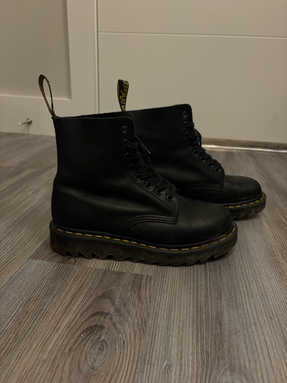 Dr. Martens Black Boots with Yellow Heel Loop Details